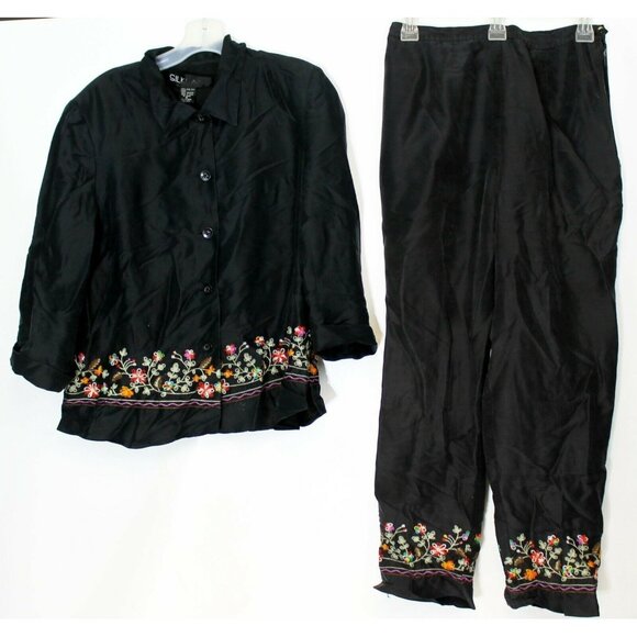 Silkland Black Button Down Shirt Pant Outfit Floral Multicolor Embroider Women 8 - Picture 1 of 10
